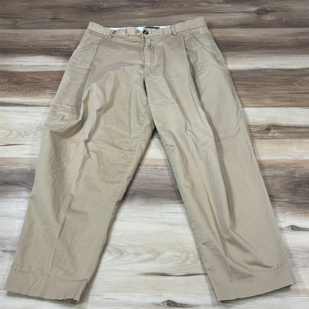 Zara Man Pleated Chinos Mens 32 Minimalist Cotton Stretch Tapered Khaki Tan - Picture 1 of 8